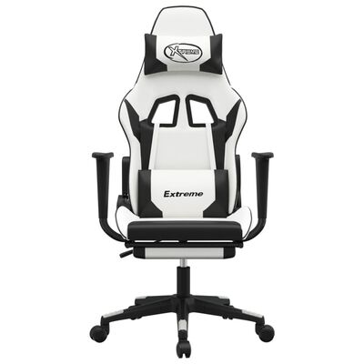 vidaXL Cadeira gaming massagens c/ apoio pés couro artif. Branco/preto