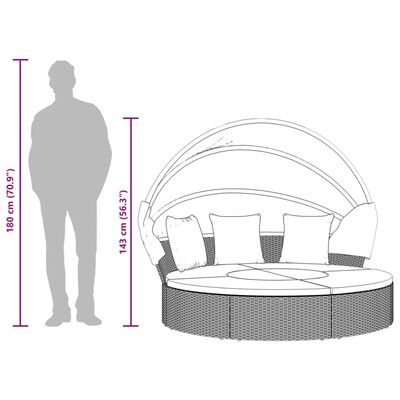 vidaXL Cama lounge de exterior c/ toldo e almofadões vime PE castanho