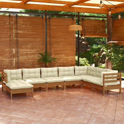 vidaXL 8pcs conj lounge jardim c/ almofadões pinho maciço castanho-mel