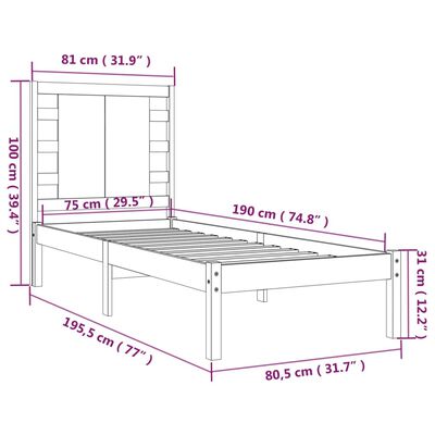 vidaXL Estrutura cama pequena solteiro 75x190 cm madeira maciça