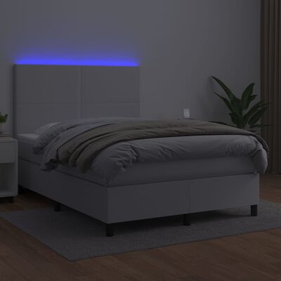 vidaXL Cama box spring c/colchão/LED 140x190cm couro artificial branco