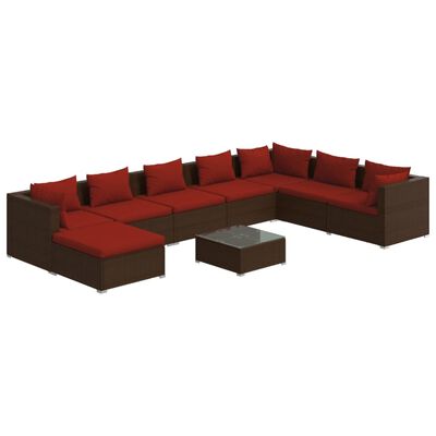 vidaXL 9 pcs conjunto lounge jardim c/ almofadões vime PE castanho