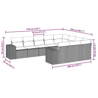 vidaXL 10 pcs conjunto sofás de jardim c/ almofadões vime PE cinzento