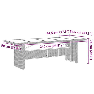 vidaXL Mesa de jardim com tampo de vidro 240x90x75 cm vime PE preto