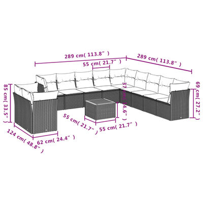 vidaXL 12 pcs conjunto de sofás p/ jardim com almofadões vime PE bege