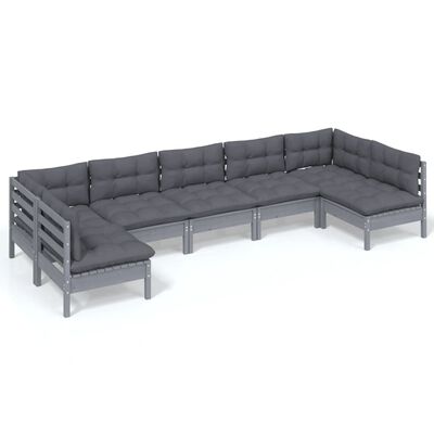 vidaXL 7 pcs conjunto lounge de jardim + almofadões pinho maciço cinza