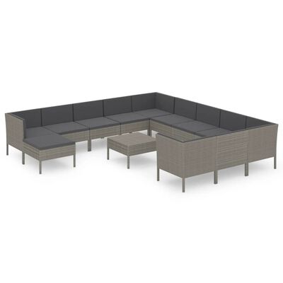 vidaXL 13 pcs conjunto lounge de jardim c/ almofadões vime PE cinzento