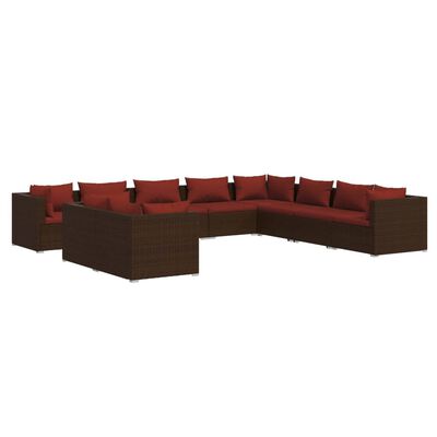 vidaXL 10 pcs conjunto lounge jardim c/ almofadões vime PE castanho