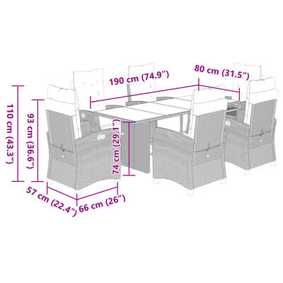 vidaXL 7 pcs conj. jantar p/ jardim c/ almofadões vime PE cinza-claro