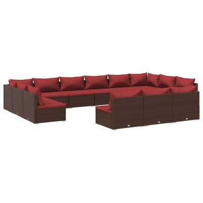 vidaXL 13 pcs conjunto lounge jardim c/ almofadões vime PE castanho