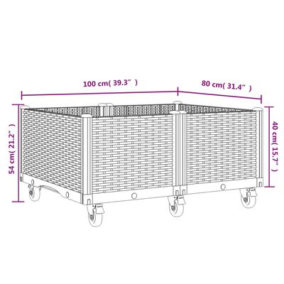 vidaXL Vaso/floreira de jardim c/ rodas 100x80x54 cm PP cinzento