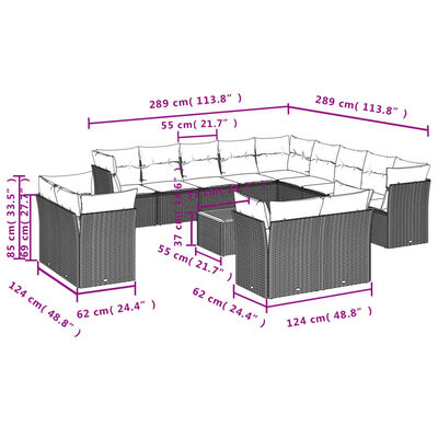 vidaXL 14 pcs conjunto de sofás p/ jardim c/ almofadões vime PE preto