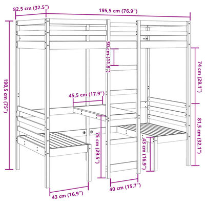 vidaXL Cama alta c/ secretária/cadeiras 75x190 cm pinho maciço branco