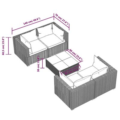 vidaXL 5 pcs conjunto lounge de jardim c/ almofadões vime PE cinzento