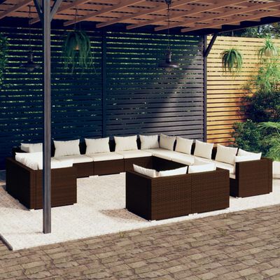 vidaXL 13 pcs conjunto lounge de jardim c/ almofadões vime PE castanho