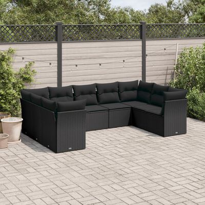 vidaXL 9 pcs conjunto de sofás p/ jardim c/ almofadões vime PE preto