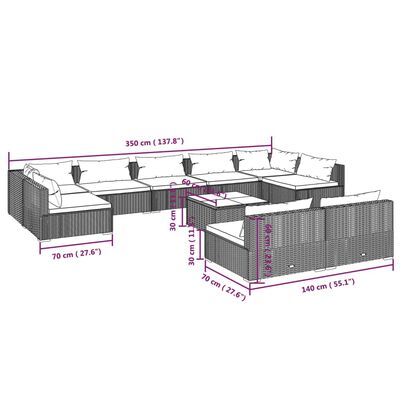 vidaXL 10 pcs conjunto lounge jardim c/ almofadões vime PE castanho