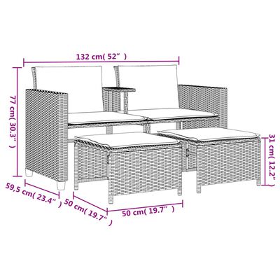 vidaXL Sofá de jardim de 2 lugares com mesa e bancos vime PE bege