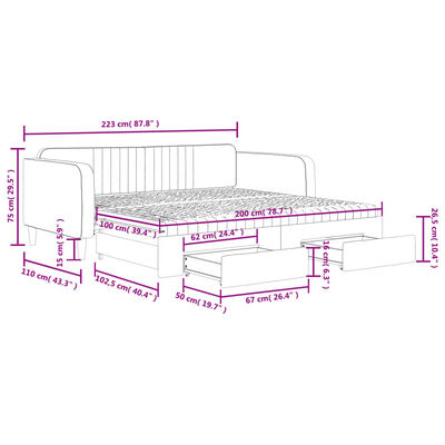 vidaXL Sofá-cama c/ gavetão e gavetas 100x200 cm veludo cinzento-claro