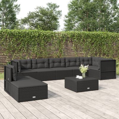 vidaXL 8 pcs conjunto lounge de jardim c/ almofadões vime PE preto