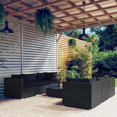 vidaXL 7 pcs conjunto lounge de jardim c/ almofadões vime PE preto