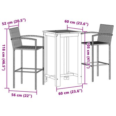 vidaXL 3 pcs conjunto de bar p/ jardim acácia maciça/vime PE cinzento