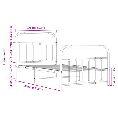 vidaXL Estrutura de cama com cabeceira e pés 100x190 cm metal preto