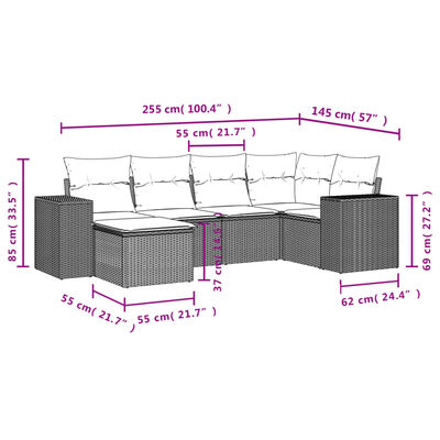 vidaXL 6 pcs conjunto sofás de jardim com almofadões vime cinzento