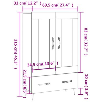 vidaXL Aparador alto 69,5x31x115 cm derivados de madeira branco