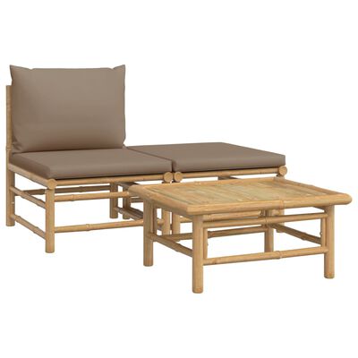 vidaXL 3 pcs conj. lounge jardim bambu almofadões cinzento-acastanhado