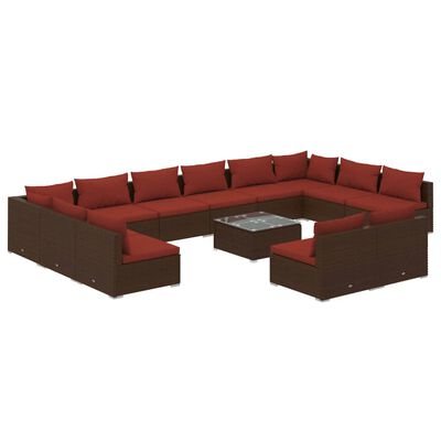 vidaXL 13 pcs conjunto lounge jardim c/ almofadões vime PE castanho