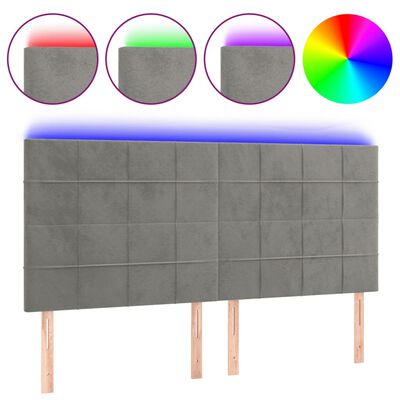 vidaXL Cabeceira cama c/ luzes LED veludo 180x5x118/128cm cinza-claro