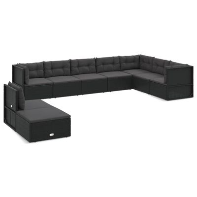 vidaXL 9 pcs conjunto lounge de jardim c/ almofadões vime PE preto