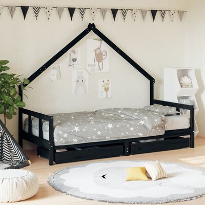 vidaXL Estrutura cama infantil c/ gavetas 90x200 cm pinho maciço preto