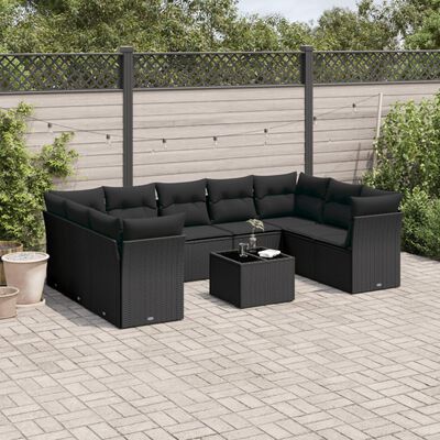 vidaXL 10 pcs conjunto sofás de jardim c/ almofadões vime PE preto