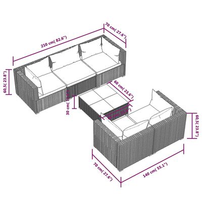 vidaXL 6 pcs conjunto lounge de jardim c/ almofadões vime PE preto