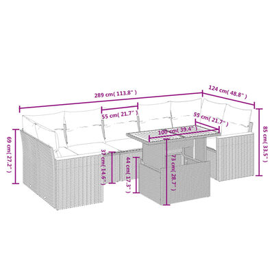 vidaXL 8 pcs conjunto sofás de jardim com almofadões vime PE preto