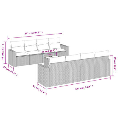 vidaXL 9 pcs conjunto de sofás p/ jardim c/ almofadões vime PE preto