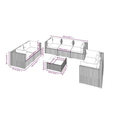 vidaXL 8 pcs conjunto lounge jardim c/ almofadões vime PE castanho