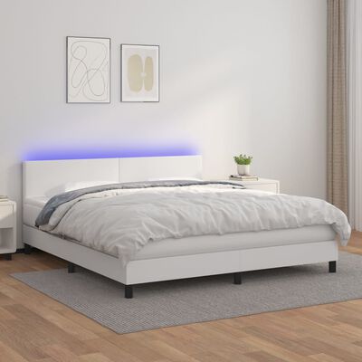 vidaXL Cama box spring c/colchão/LED 180x200cm couro artificial branco