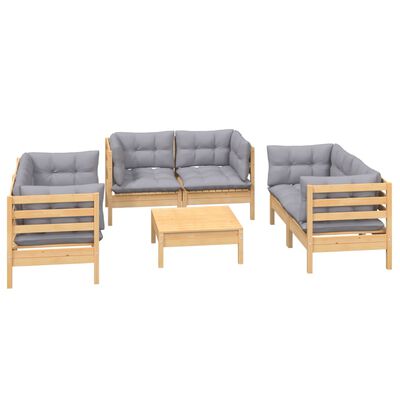 vidaXL 7pcs conjunto lounge de jardim c/ almofadões cinza pinho maciço