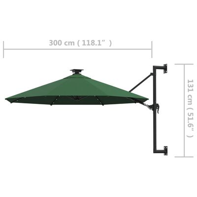 vidaXL Guarda-sol para jardim de parede com luzes LED 300 cm verde