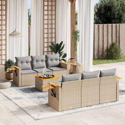 vidaXL 7 pcs conjunto de sofás p/ jardim com almofadões vime PE bege