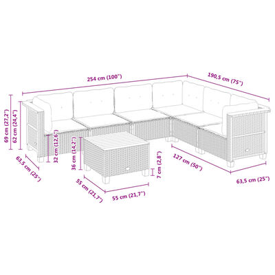 vidaXL 7 pcs conjunto sofás p/ jardim c/ almofadões vime PE cinzento