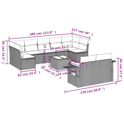 vidaXL 10 pcs conjunto sofás de jardim c/ almofadões vime PE preto