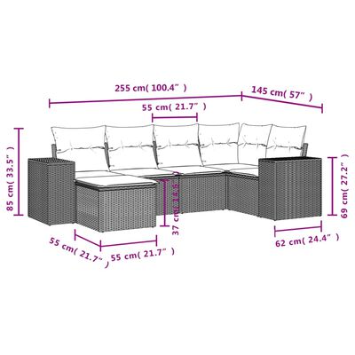 vidaXL 6 pcs conjunto de sofás p/ jardim com almofadões vime PE bege