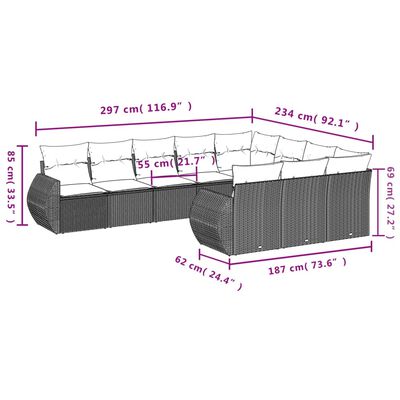 vidaXL 10 pcs conjunto sofás de jardim c/ almofadões vime PE cinzento