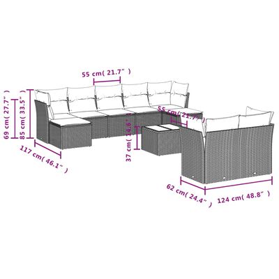 vidaXL 10 pcs conjunto sofás de jardim c/ almofadões vime PE cinzento