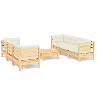 vidaXL 7 pcs conjunto lounge jardim c/ almofadões cor creme pinho