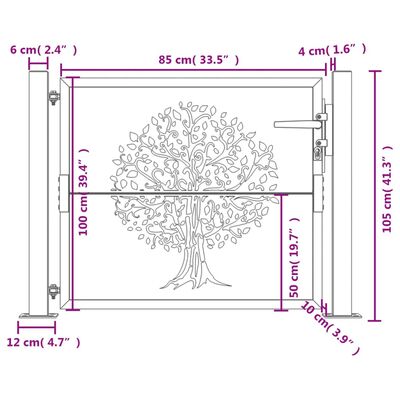 vidaXL Portão de jardim 105x105 cm aço corten design árvore